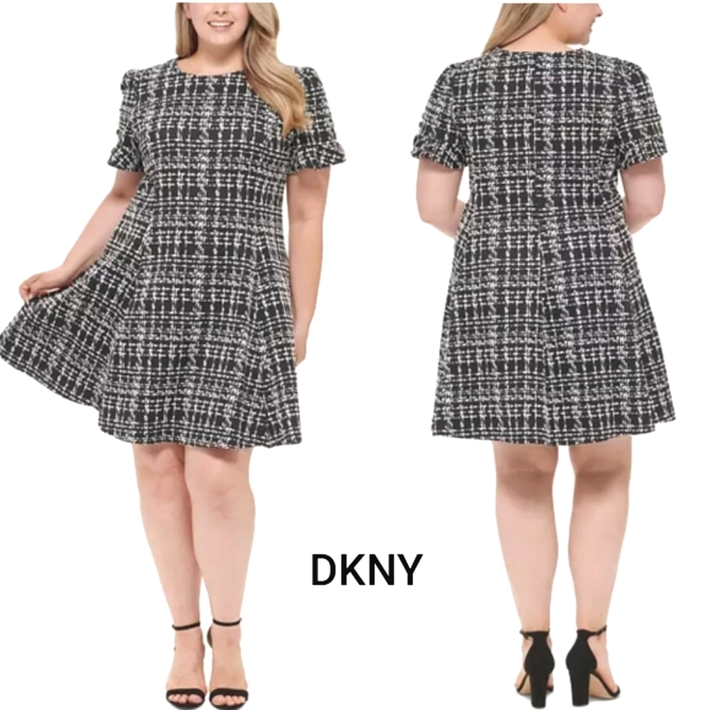 DKNY Black/Gray/White Plaid Stretch Knit Shortsleeve Dress